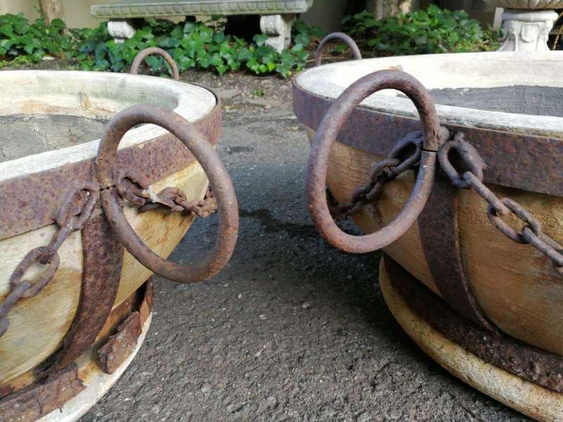 A Vintage Pair Of Terracotta And Wrought Iron Decorative Pots