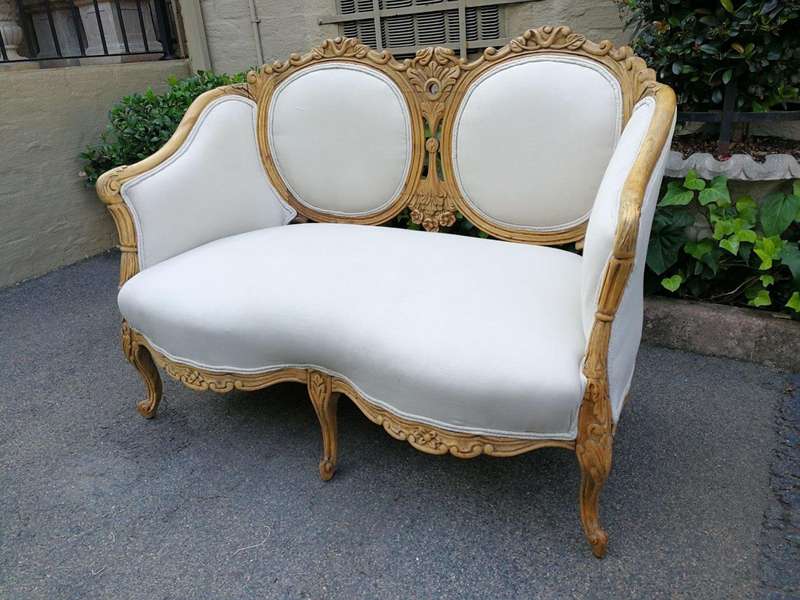 A French 20th Century Bleached / Stripped / Natural Walnut Bergére Settee and Pair of Armchairs