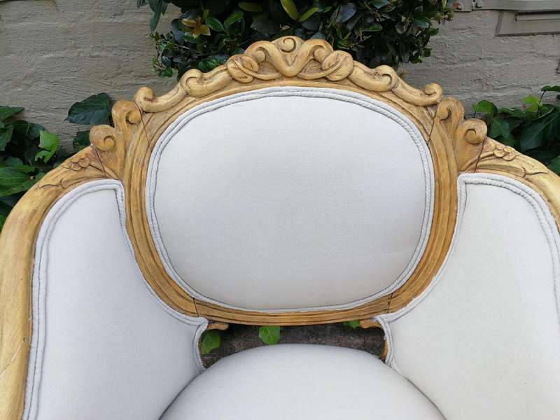 A French 20th Century Bleached / Stripped / Natural Walnut Bergére Settee and Pair of Armchairs