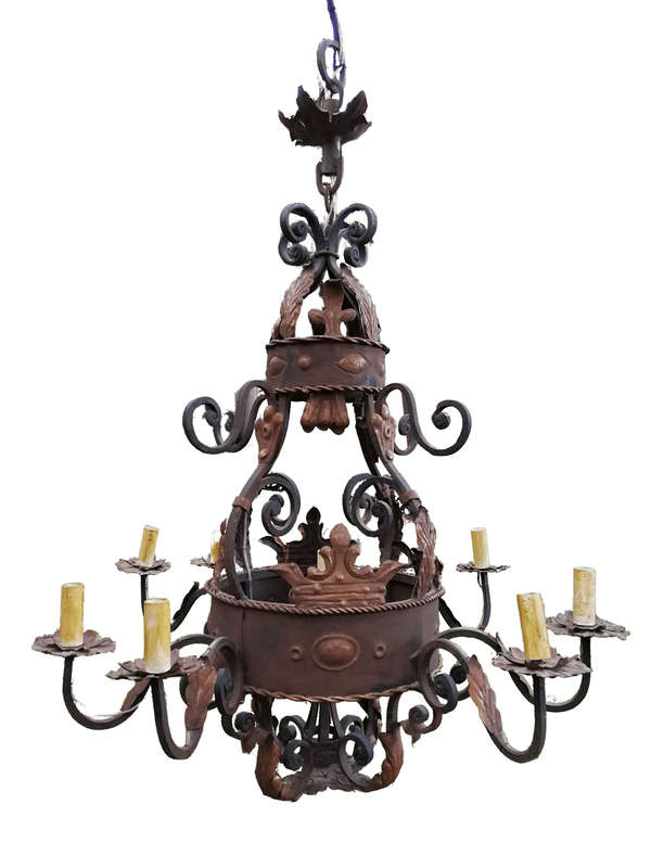 An Imported French Crown Design Wrought Iron Hand Painted Chandelier With 8 Arms