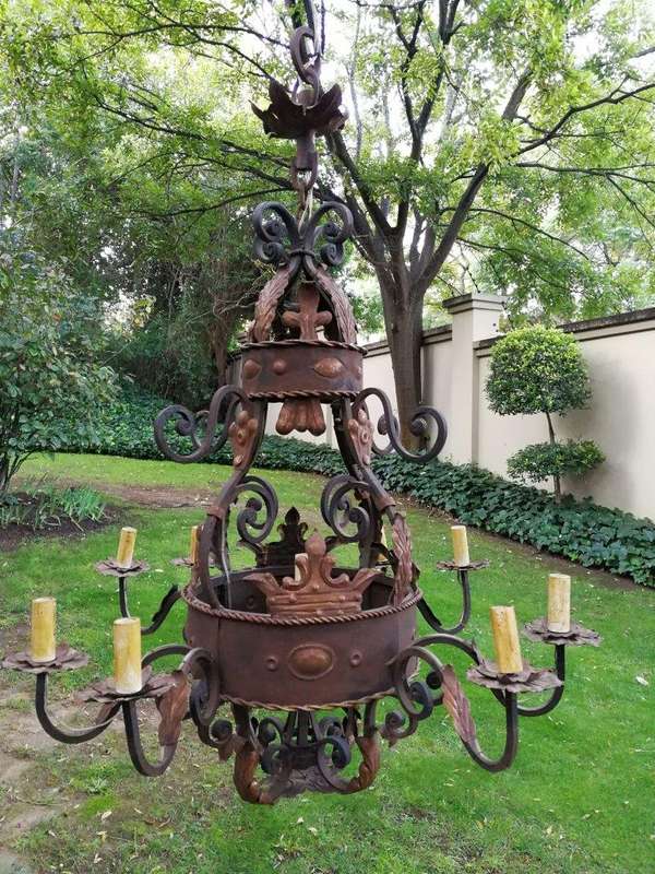 An Imported French Crown Design Wrought Iron Hand Painted Chandelier With 8 Arms