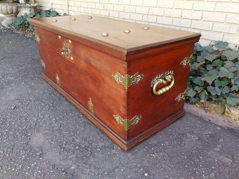 A 19th Century Dutch Colonial Batavian Brass-bound Teak Chest, With Original Lock Plate and Key. ...