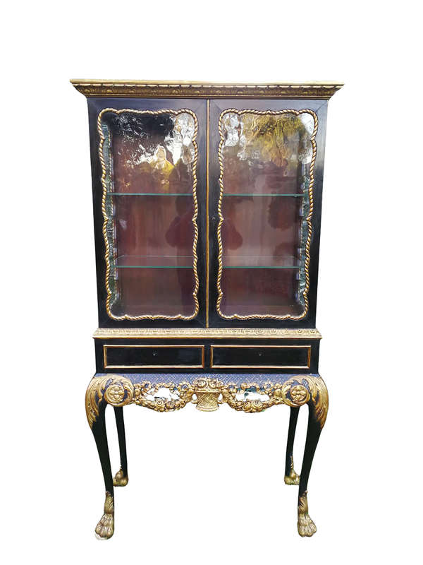 A Victorian-style Painted and Gilded Cabinet/ Display Cabinet with Carved Glazed Doors with Two D...