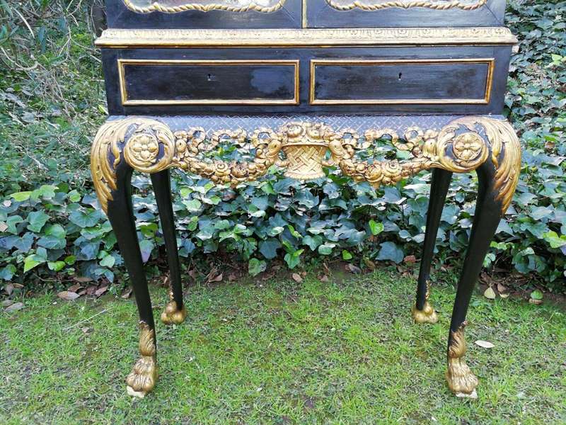 A Victorian-style Painted and Gilded Cabinet/ Display Cabinet with Carved Glazed Doors with Two D...