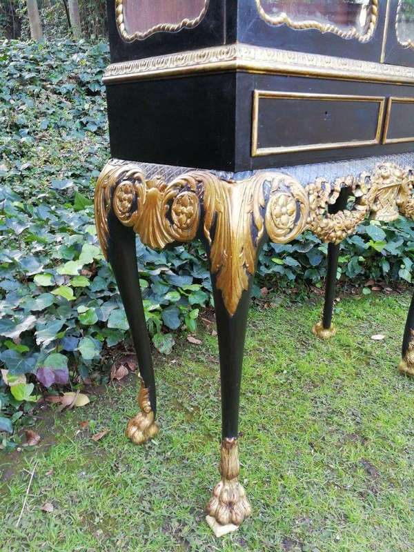 A Victorian-style Painted and Gilded Cabinet/ Display Cabinet with Carved Glazed Doors with Two D...