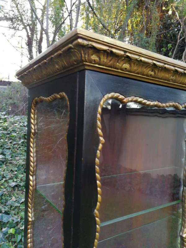 A Victorian-style Painted and Gilded Cabinet/ Display Cabinet with Carved Glazed Doors with Two D...