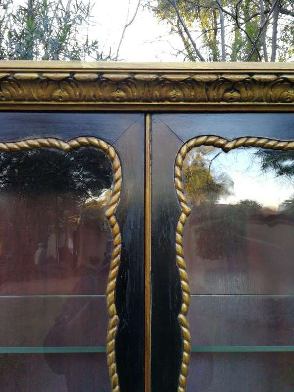 A Victorian-style Painted and Gilded Cabinet/ Display Cabinet with Carved Glazed Doors with Two D...