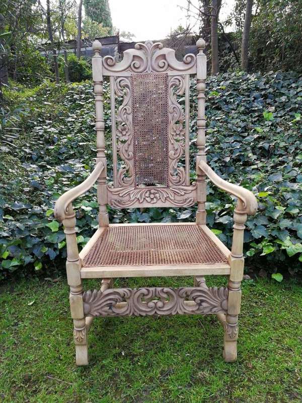 A 19th Century Charles II Style Carved Walnut Armchair In A Bleached / Natural Wood Finish