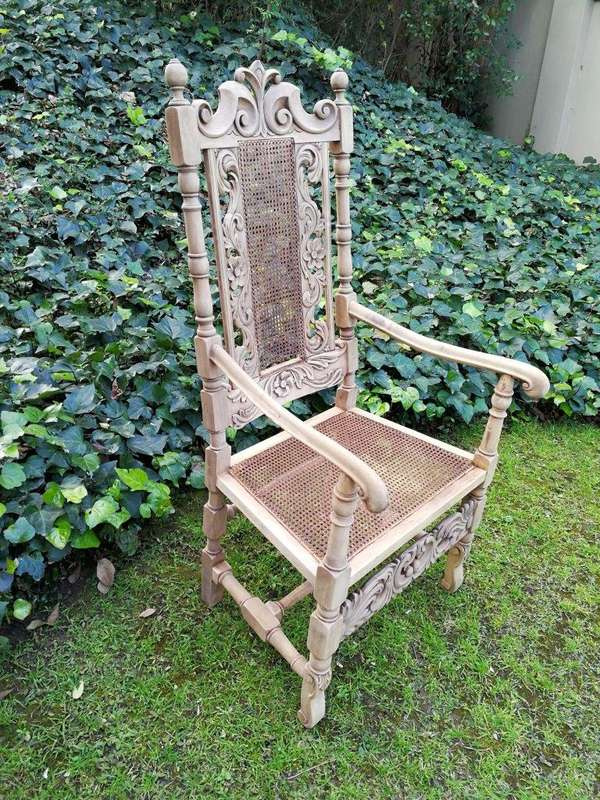 A 19th Century Charles II Style Carved Walnut Armchair In A Bleached / Natural Wood Finish