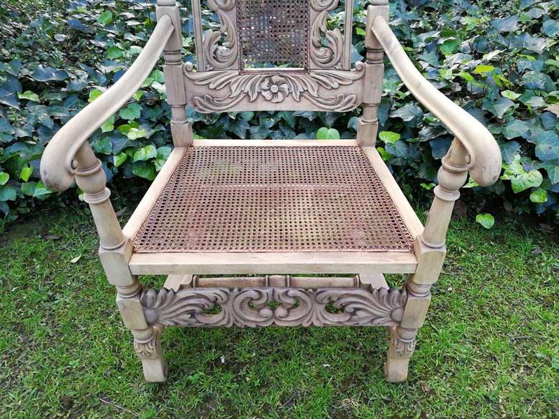 A 19th Century Charles II Style Carved Walnut Armchair In A Bleached / Natural Wood Finish