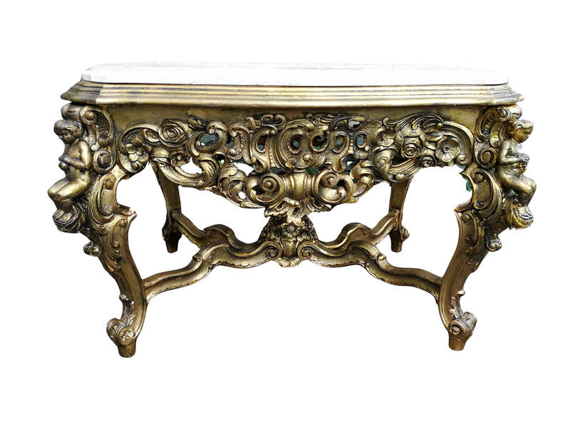 A 20TH Century French Style Ornately Carved and Gilded Walnut Console Drinks / Console With Marbl...