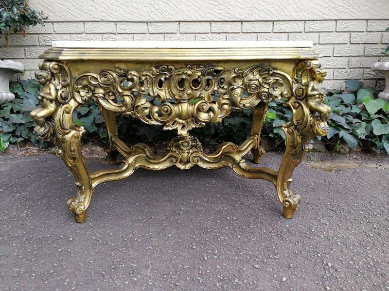 A 20TH Century French Style Ornately Carved and Gilded Walnut Console Drinks / Console With Marbl...