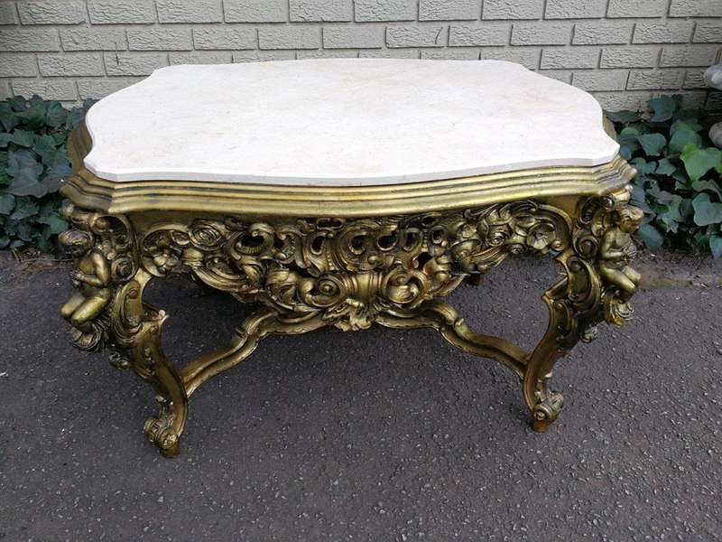 A 20TH Century French Style Ornately Carved and Gilded Walnut Console Drinks / Console With Marbl...