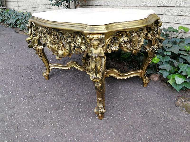 A 20TH Century French Style Ornately Carved and Gilded Walnut Console Drinks / Console With Marbl...