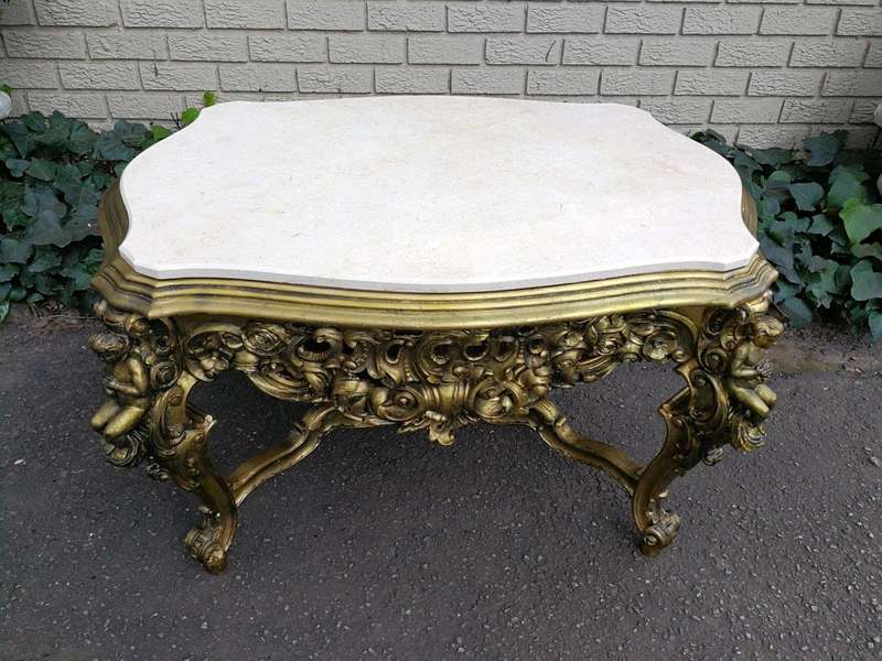 A 20TH Century French Style Ornately Carved and Gilded Walnut Console Drinks / Console With Marbl...