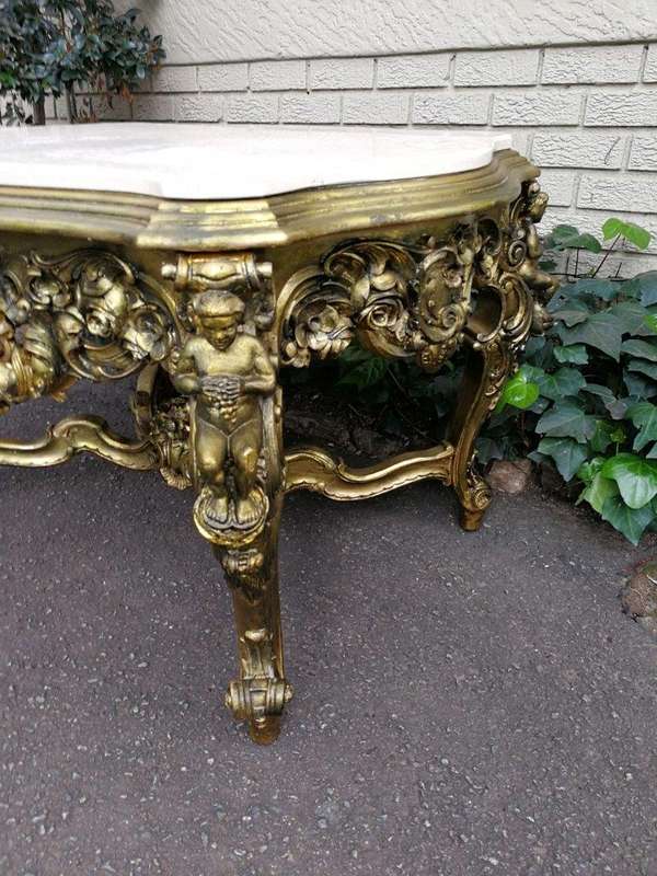 A 20TH Century French Style Ornately Carved and Gilded Walnut Console Drinks / Console With Marbl...
