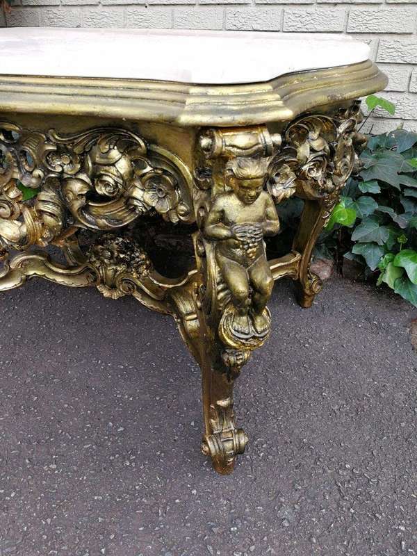 A 20TH Century French Style Ornately Carved and Gilded Walnut Console Drinks / Console With Marbl...