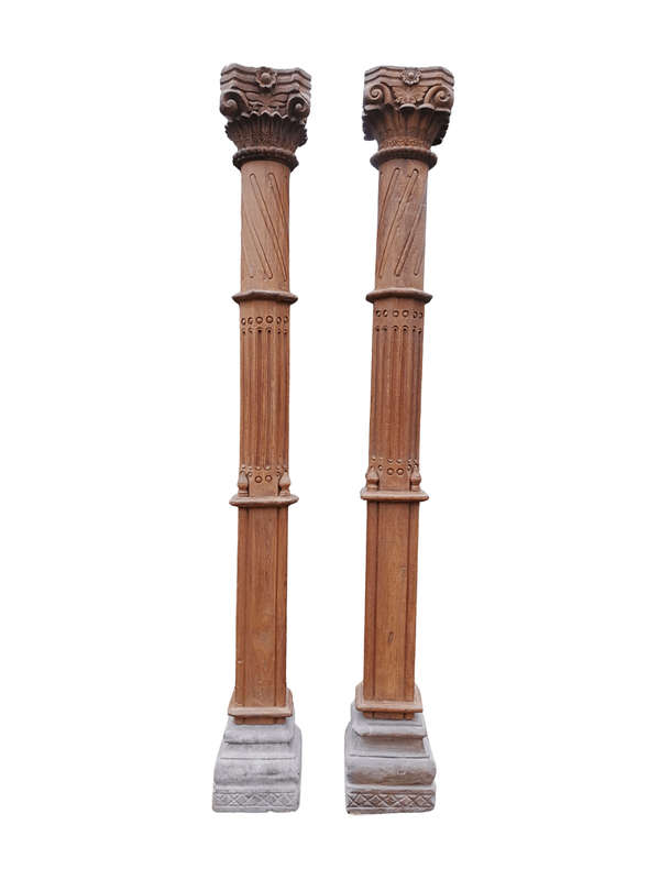 A 19th Century Pair of French Carved Teak Architectural Columns with Concrete Bases