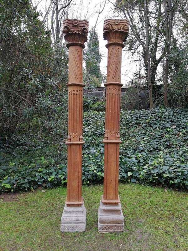 A 19th Century Pair of French Carved Teak Architectural Columns with Concrete Bases