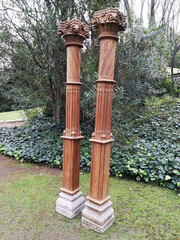 A 19th Century Pair of French Carved Teak Architectural Columns with Concrete Bases