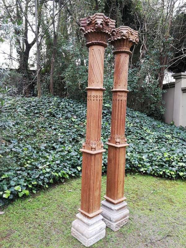 A 19th Century Pair of French Carved Teak Architectural Columns with Concrete Bases