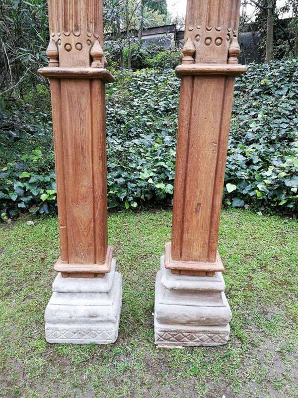 A 19th Century Pair of French Carved Teak Architectural Columns with Concrete Bases
