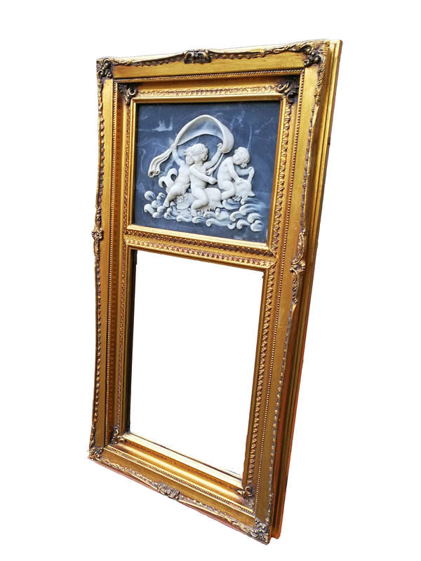 A Circa 1900 French Louis XVI Style Wooden Gilt-painted and Bevelled Mirror with a Carved Black a...