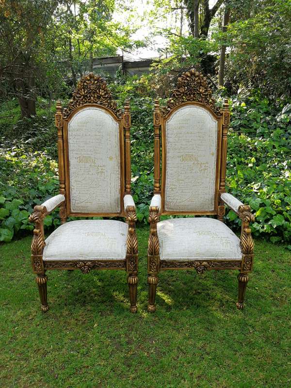 An Intricately Carved Pair of French Baroque/Rococo Style King/Throne Gold Painted Armchairs Upho...