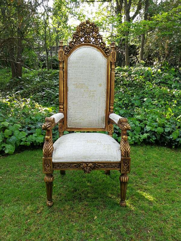 An Intricately Carved Pair of French Baroque/Rococo Style King/Throne Gold Painted Armchairs Upho...