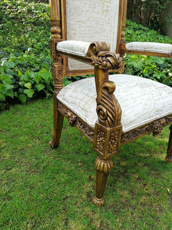 An Intricately Carved Pair of French Baroque/Rococo Style King/Throne Gold Painted Armchairs Upho...