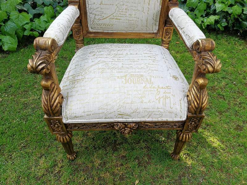 An Intricately Carved Pair of French Baroque/Rococo Style King/Throne Gold Painted Armchairs Upho...
