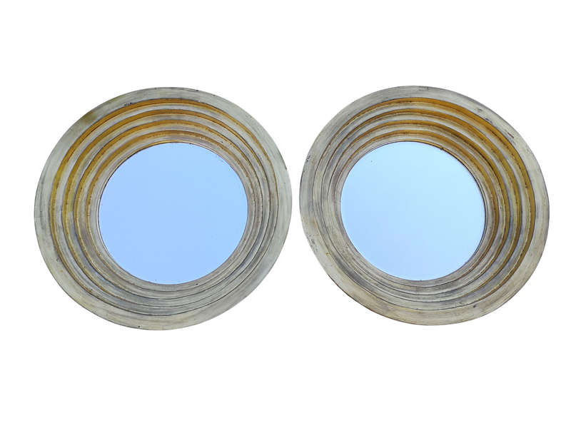 A Pair Of Circular Bevelled Wooden Mirrors with a Hand-gilded Gold Leaf Detail