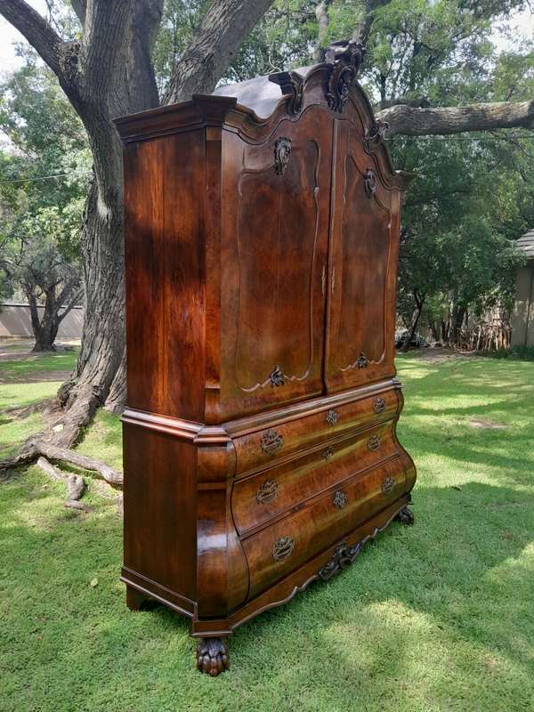 An 18th Century Dutch Ornately Carved Walnut Bombe Cabinet / Armoire With Original Handles and Locks