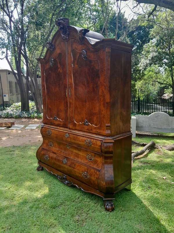 An 18th Century Dutch Ornately Carved Walnut Bombe Cabinet / Armoire With Original Handles and Locks