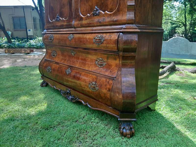 An 18th Century Dutch Ornately Carved Walnut Bombe Cabinet / Armoire With Original Handles and Locks