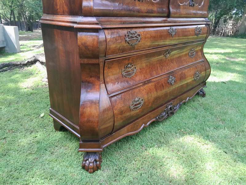 An 18th Century Dutch Ornately Carved Walnut Bombe Cabinet / Armoire With Original Handles and Locks