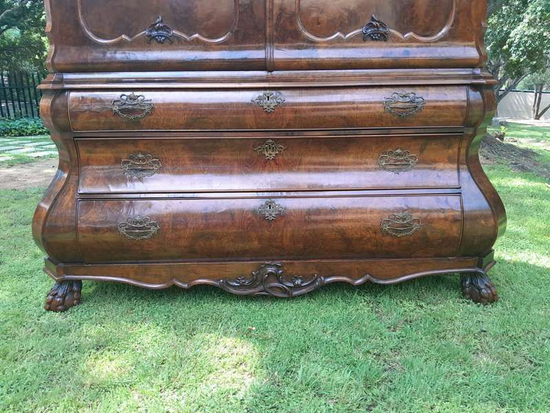 An 18th Century Dutch Ornately Carved Walnut Bombe Cabinet / Armoire With Original Handles and Locks