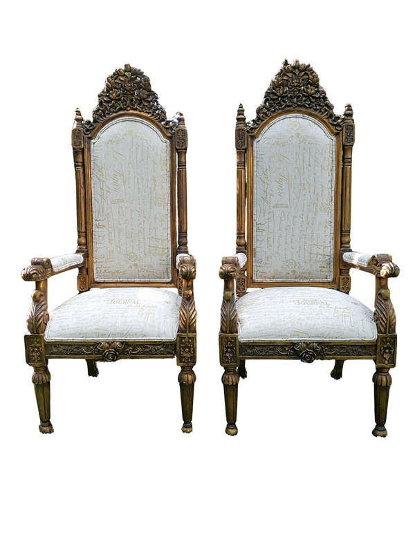 An Intricately Carved Pair of French Baroque/Rococo Style King/Throne Gold Painted Armchairs Upho...