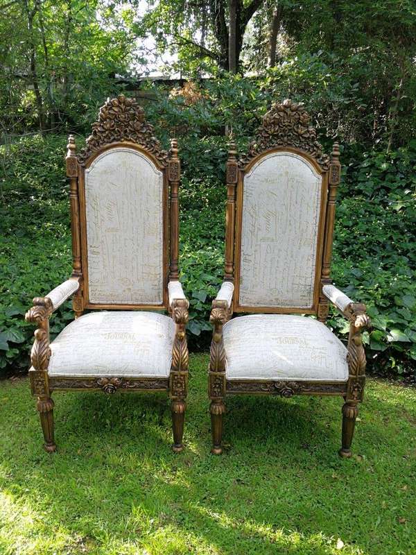 An Intricately Carved Pair of French Baroque/Rococo Style King/Throne Gold Painted Armchairs Upho...