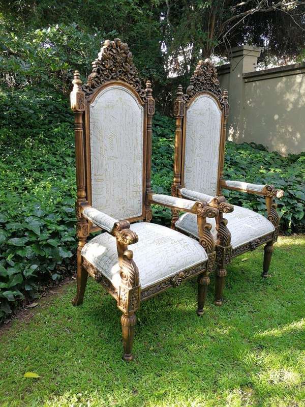 An Intricately Carved Pair of French Baroque/Rococo Style King/Throne Gold Painted Armchairs Upho...