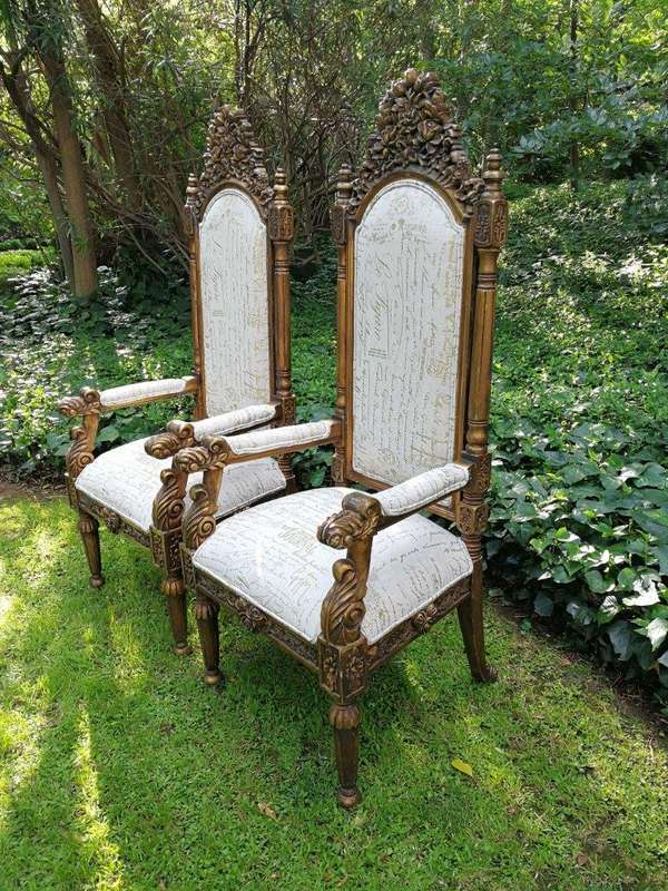 An Intricately Carved Pair of French Baroque/Rococo Style King/Throne Gold Painted Armchairs Upho...