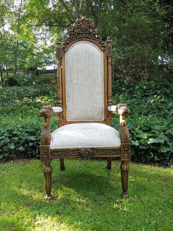 An Intricately Carved Pair of French Baroque/Rococo Style King/Throne Gold Painted Armchairs Upho...