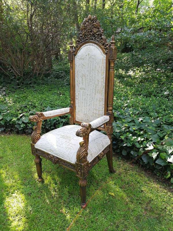 An Intricately Carved Pair of French Baroque/Rococo Style King/Throne Gold Painted Armchairs Upho...