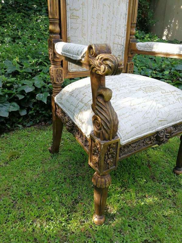An Intricately Carved Pair of French Baroque/Rococo Style King/Throne Gold Painted Armchairs Upho...