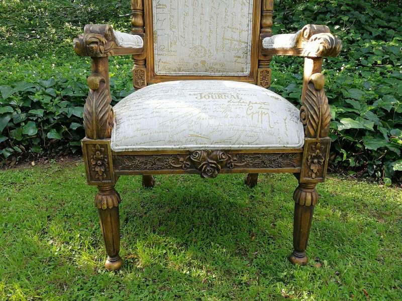 An Intricately Carved Pair of French Baroque/Rococo Style King/Throne Gold Painted Armchairs Upho...