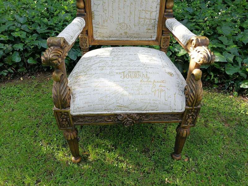 An Intricately Carved Pair of French Baroque/Rococo Style King/Throne Gold Painted Armchairs Upho...