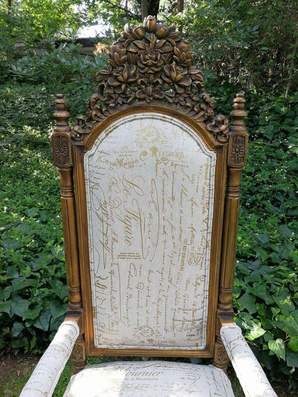 An Intricately Carved Pair of French Baroque/Rococo Style King/Throne Gold Painted Armchairs Upho...