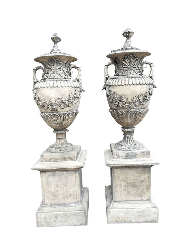 Pair of Very Large 20th Century English Cast Stone Concrete Regency-style Lidded Urns On Concrete...