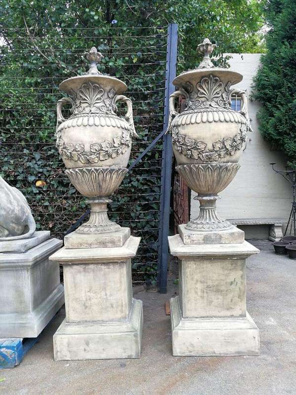 Pair of Very Large 20th Century English Cast Stone Concrete Regency-style Lidded Urns On Concrete...