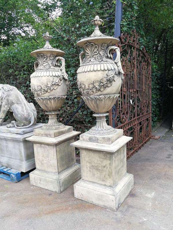 Pair of Very Large 20th Century English Cast Stone Concrete Regency-style Lidded Urns On Concrete...